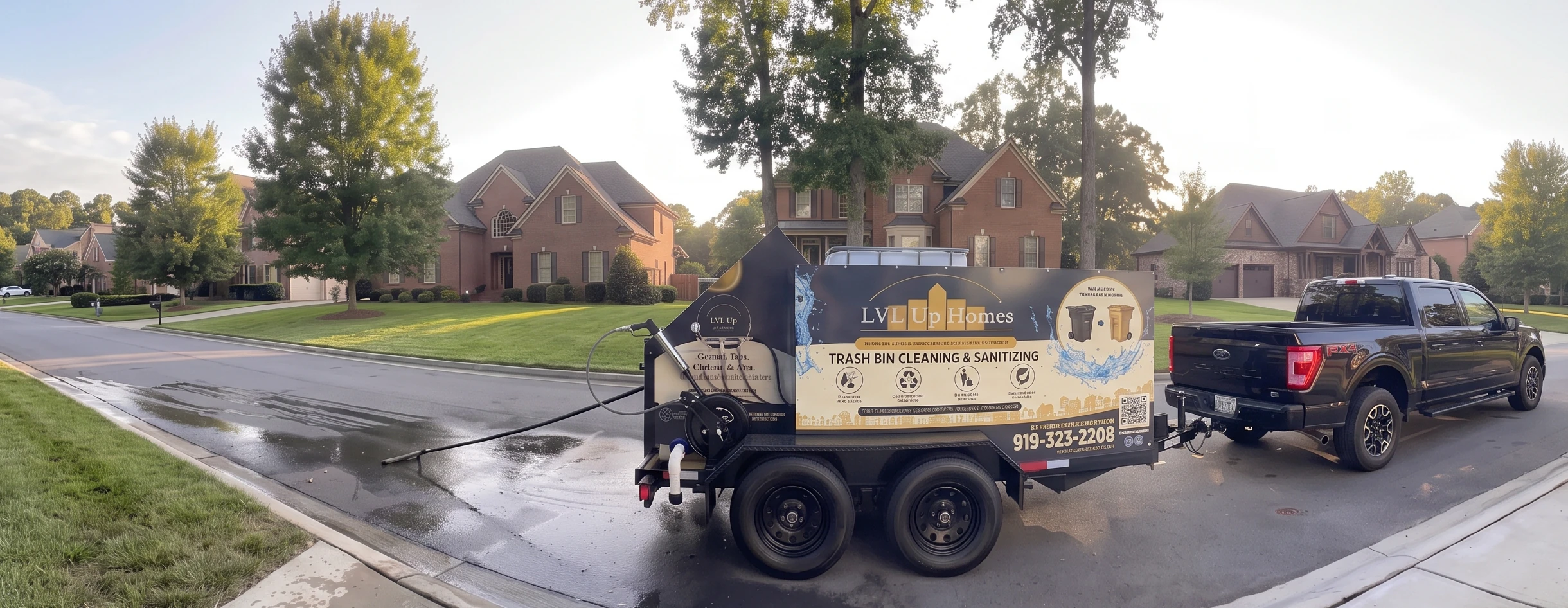 LVL Up Homes truck and bin-cleaning trailer parked curbside in an upscale Triangle neighborhood at golden hour